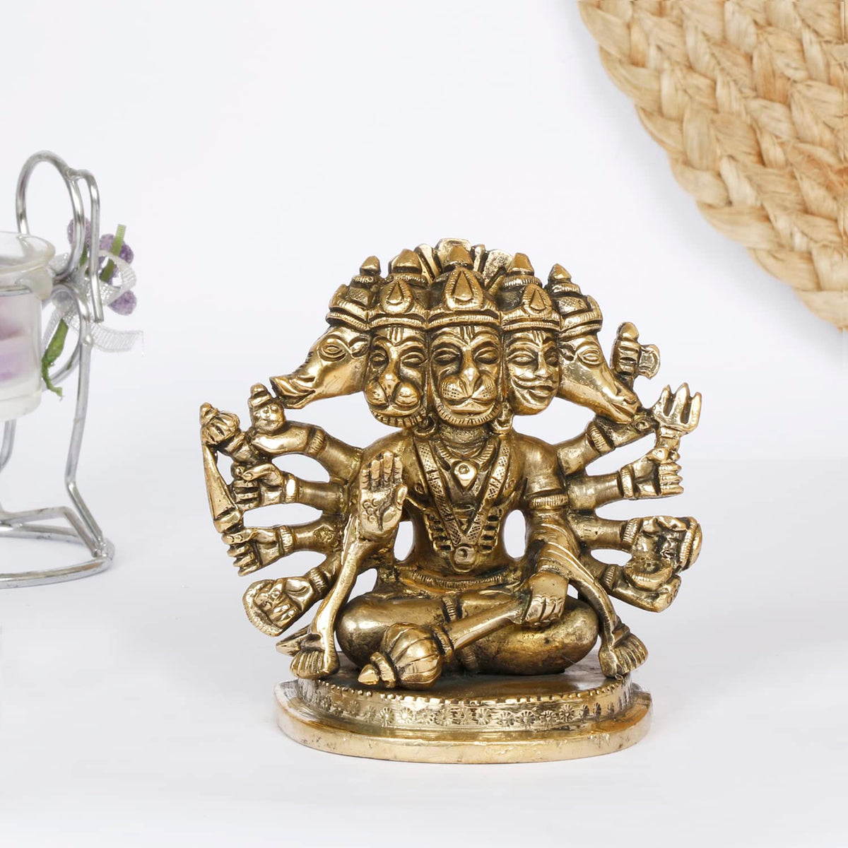 ARTVARKO Brass God Panchmukhi (Five Faced) Bajrangbali Sankat Mochan Hanuman Idol Statue Murti for Home Office Entrance Decor Temple Puja 4 Inch