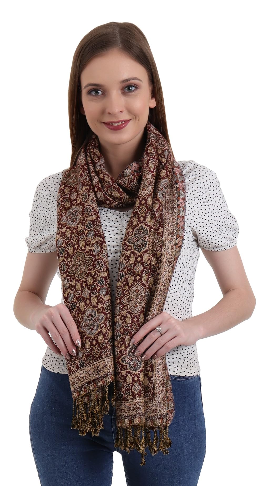 EH REVERSIBLE JAMAWAR MULTICOLOR VISCOSE SILK, FLORAL & PAISLEY SUPER SOFT PASHMINA STOLES/SCARF (FLORAL MAROON)