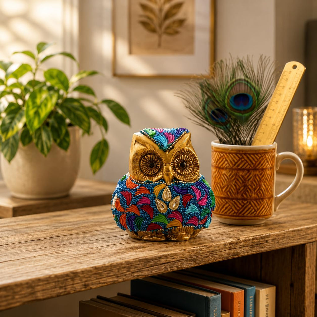 KridayKraft Metal Owl Showpiece, 10 cm Golden Aluminium Owl Statue with Stone Work, Decorative Paperweight for Home, Office Desk, Study Table & Gifting