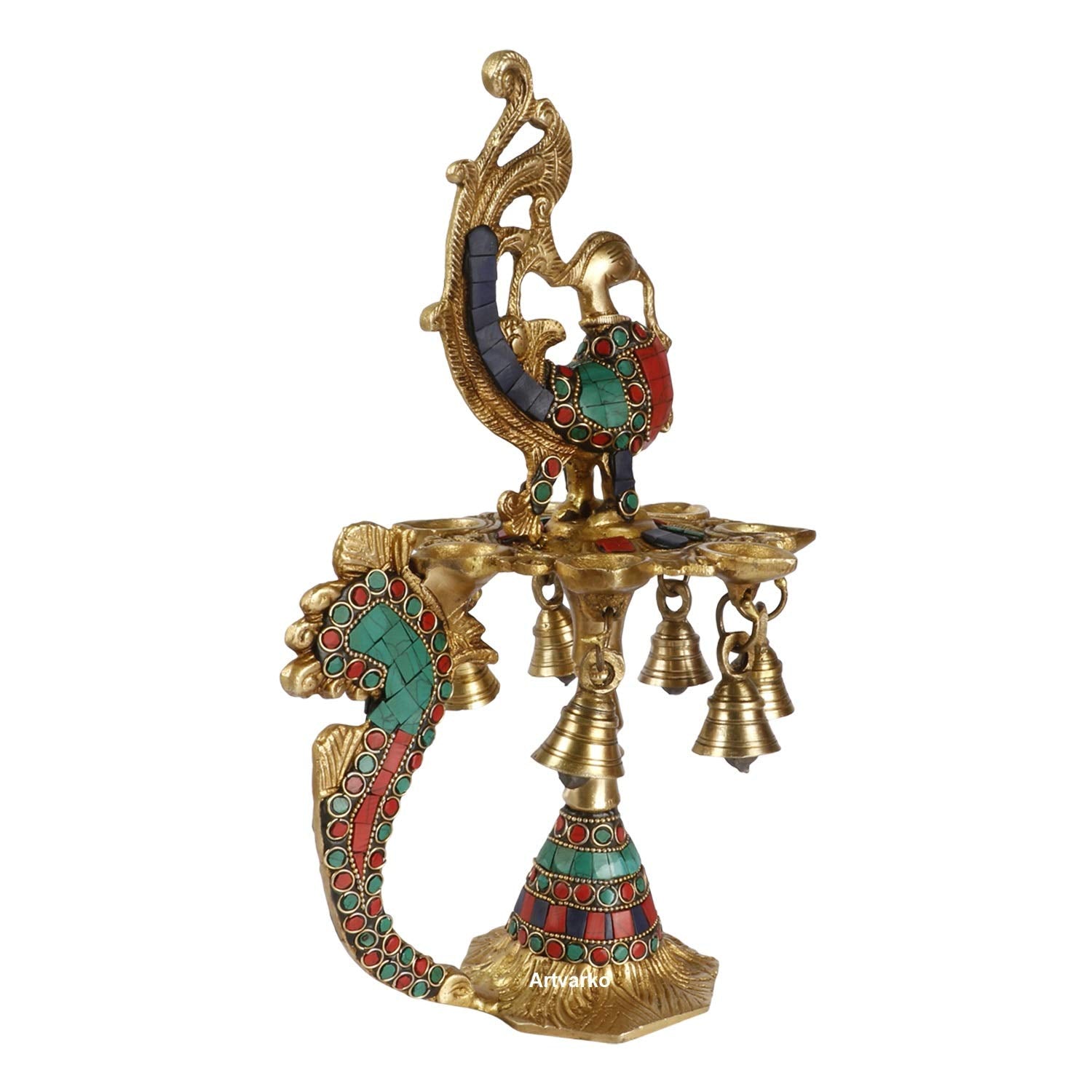 Artvarko 1 Feet Large Brass Peacock Design Multi Oil Wick Diya Lamp Pooja Home Decor Showpieces Diwali Gift.