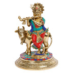 ARTVARKO Brass Krishna with Cow Standing Playing Flute Idol Statue for Home Mandir Pooja Krishan Ji Murti Temple Puja Office Home Décor Showpiece Gift 8 Inch.