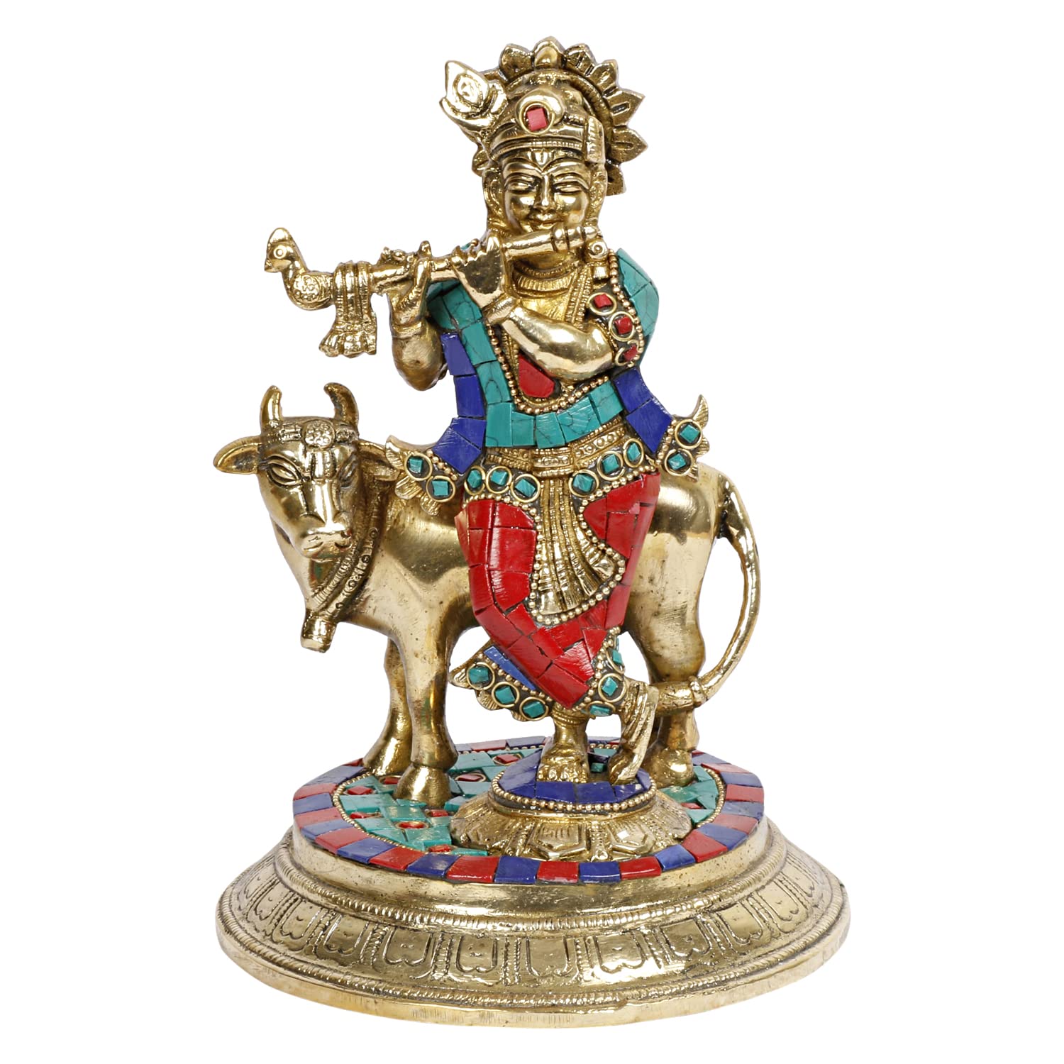 ARTVARKO Brass Krishna with Cow Standing Playing Flute Idol Statue for Home Mandir Pooja Krishan Ji Murti Temple Puja Office Home Décor Showpiece Gift 8 Inch.