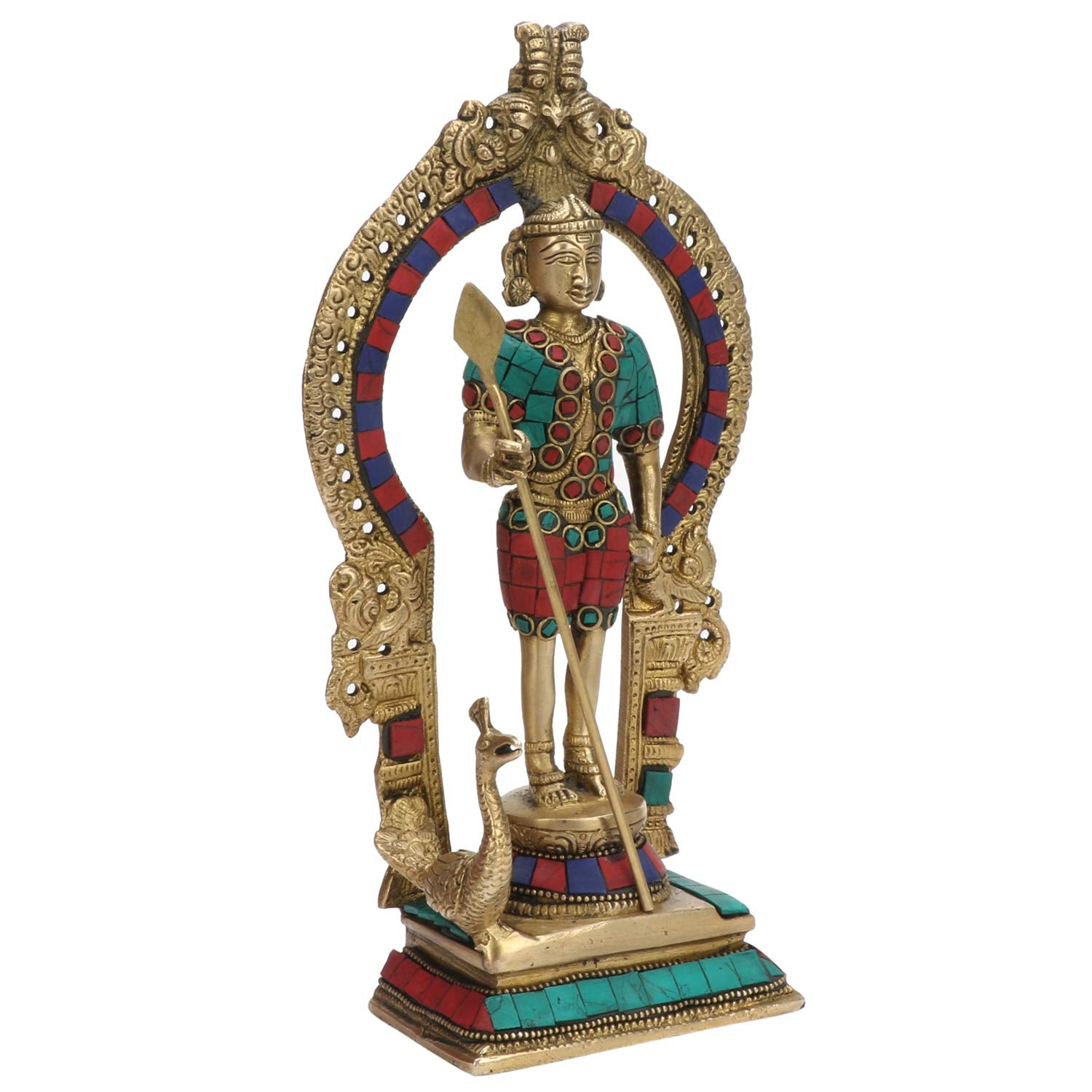 ARTVARKO Lord Swami Kartikeya Ji Kartik Statue with Peacock Brass Multicolor Gemstone Handwork Murugan Subramanya Murti Height 10 Inches