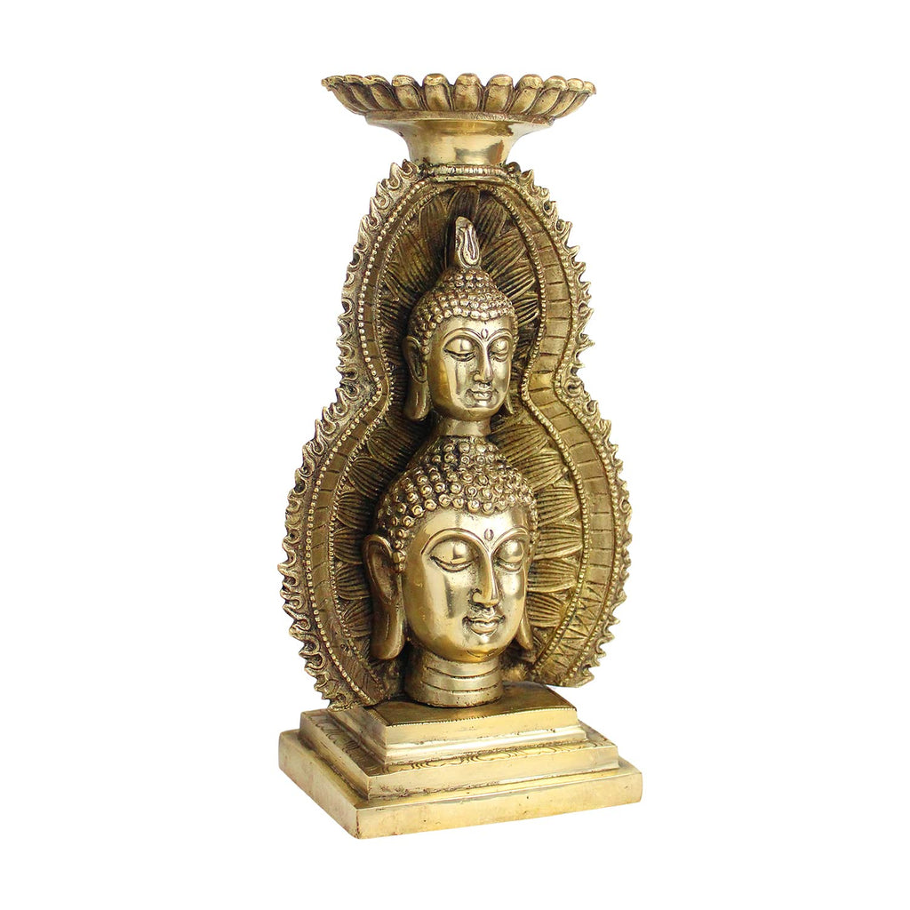 Artvarko™ Brass Double Head Buddha Under Cave Showpiece Tea Light Candle Holder Statue Murti for Home Decor Office Table Vastu Gift 12 Inches