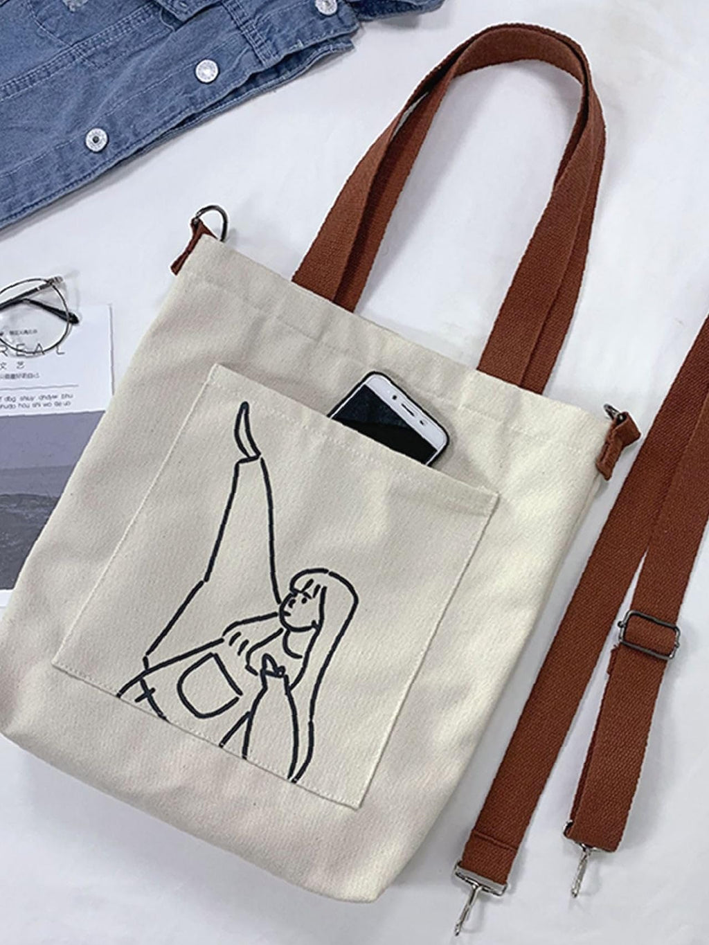 Aurbuy Cotton Tote Bags for Women, College Bag for girls With Inner & Outer Pockets, Utility Tote bags for Shopping, Travel & Daily use (Bag-Cream-Print-Girl-With-Handstyle)