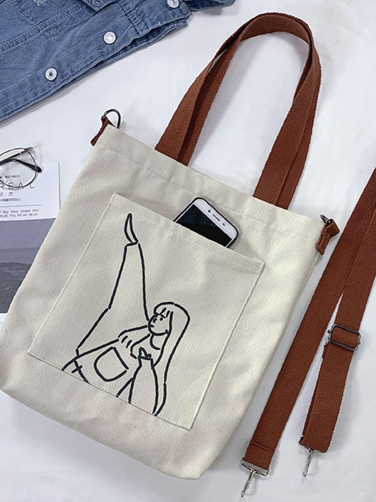 Aurbuy Cotton Tote Bags for Women, College Bag for girls With Inner & Outer Pockets, Utility Tote bags for Shopping, Travel & Daily use (Bag-Cream-Print-Girl-With-Handstyle)