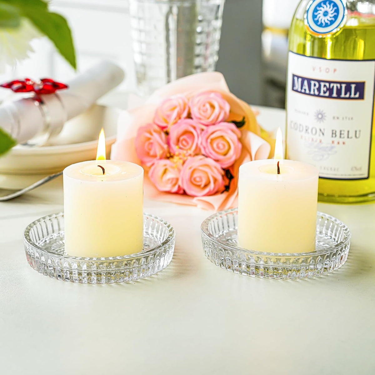FUNKYFINDS Candle Plate 3.8 Inch Glass Candle Holders for Pillar Candles Candle Coaster Holder Round Candle Stand for Table Centerpieces, Wedding, Party, and Home Decor (Set of 2)