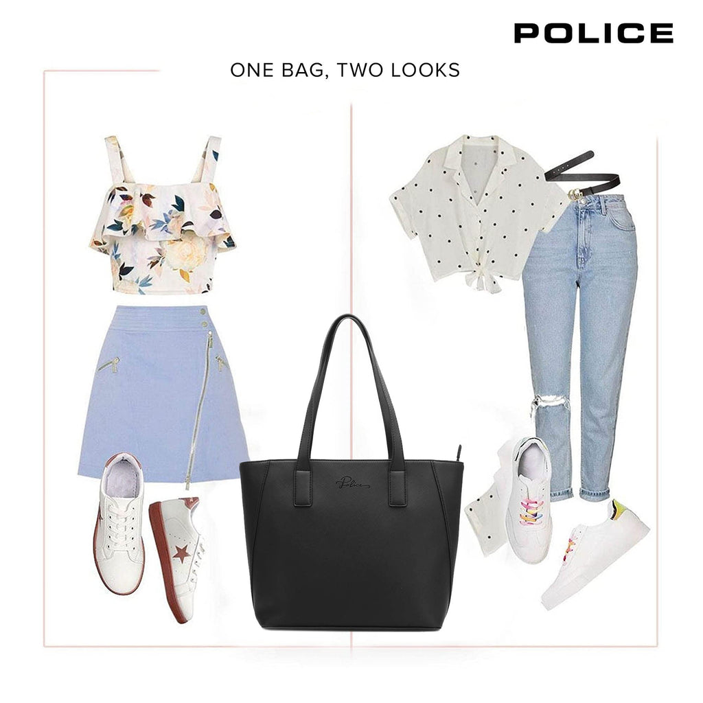 Police Sazza Daily Use Tote Bag | Spacious, Stylish, Sturdy PU Material Handbag Zippered Compartment | Office and Travel Friendly for Girls, Women- Black