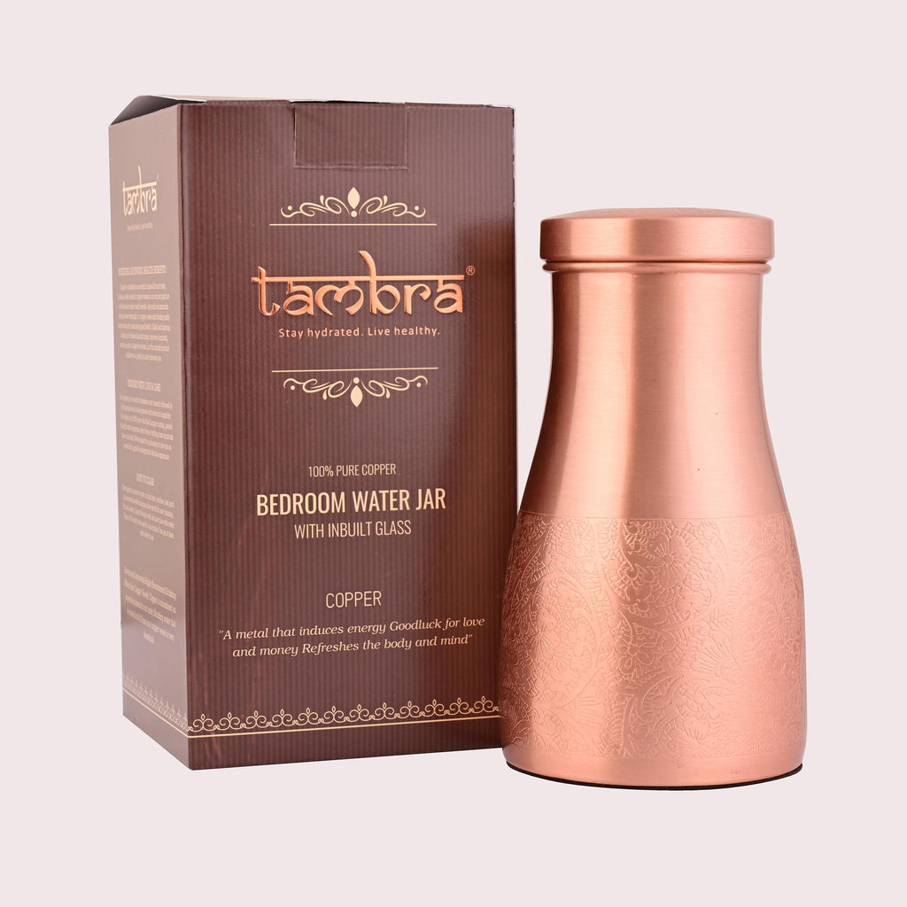 Tambra Copper Bedroom Jar with Inbuilt Glass | Carving Design | Handcrafted, Leakproof, Jointless | Ayurvedic Benefits, Antioxidant Properties | 1200 ml (Pack of 1)