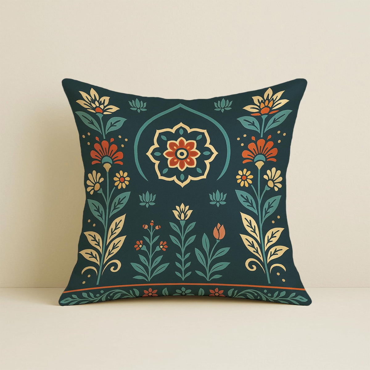 STITCHNEST Satin Cushion Covers Pack of 2 Rajasthani Haveli Door & Floral Arch Design, 24x24 Inch, Black Ethnic Decor for Sofa, Living Room & Festive Styling