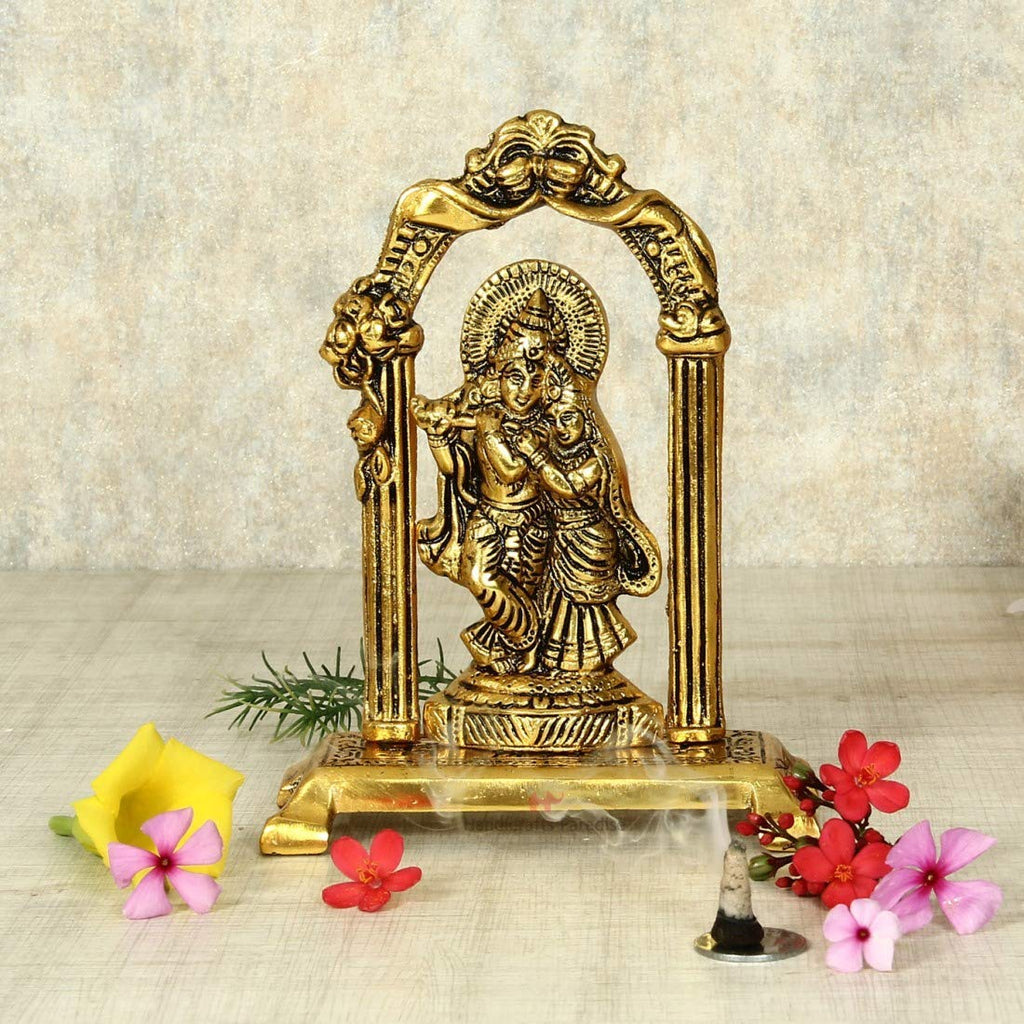 Prince Home Decor & Gifts Radha Krishna Standing Under Mehrab Metal Showpiece – Handcrafted Decorative Idol for Home Temple, Living Room Décor & Auspicious Festive or Wedding Gifting