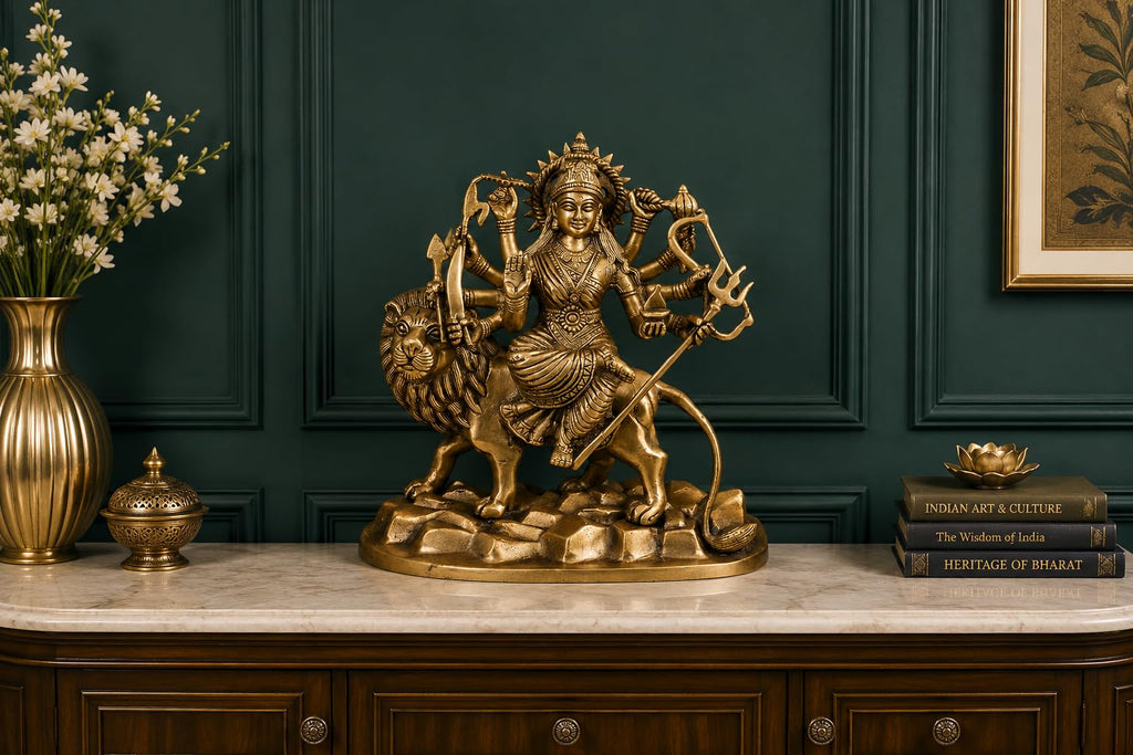 ARTVARKO Pure Brass Maa Durga Idol Sitting On Lion Ma Sherwali Murti Vaishno Devi Statue for Home Navratra Puja Decor Gift 9 Inch