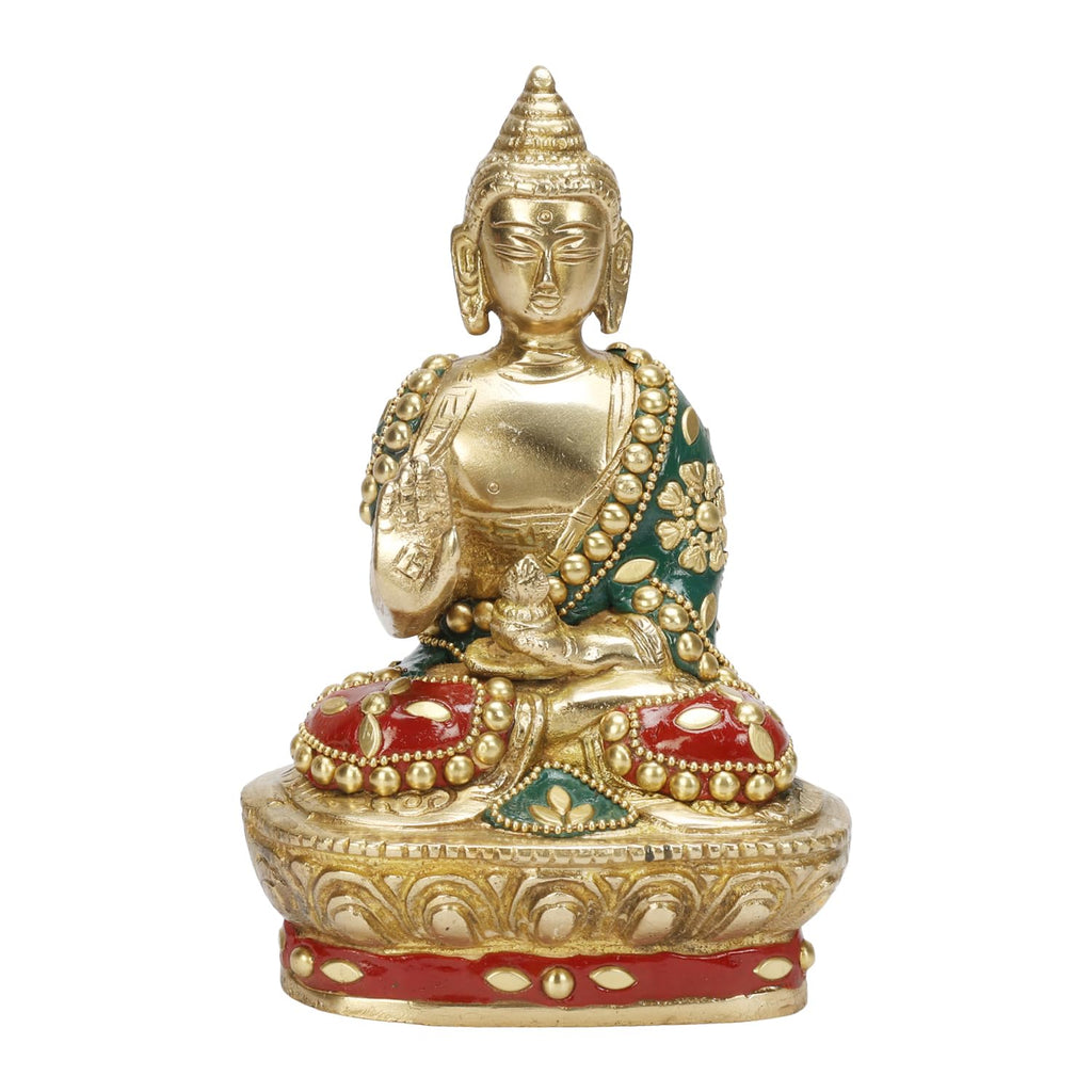 ARTVARKO Brass Buddha Statue 7 Inch with Inlay Stone Handwork | Blessing Buddha Idol for Home Décor, Meditation, Pooja Room, Office & Living Room | Spiritual Gift