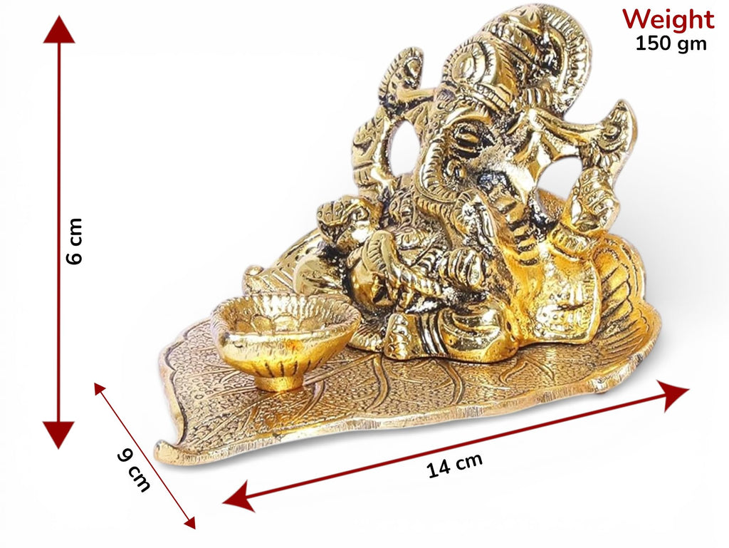 KridayKraft Metal Lord Ganesha On Leaf With Diya Idol For Pooja Room Showpiece For Room,Office & Table,Car And Gift For Have Anniversaries, Birthday, Gold