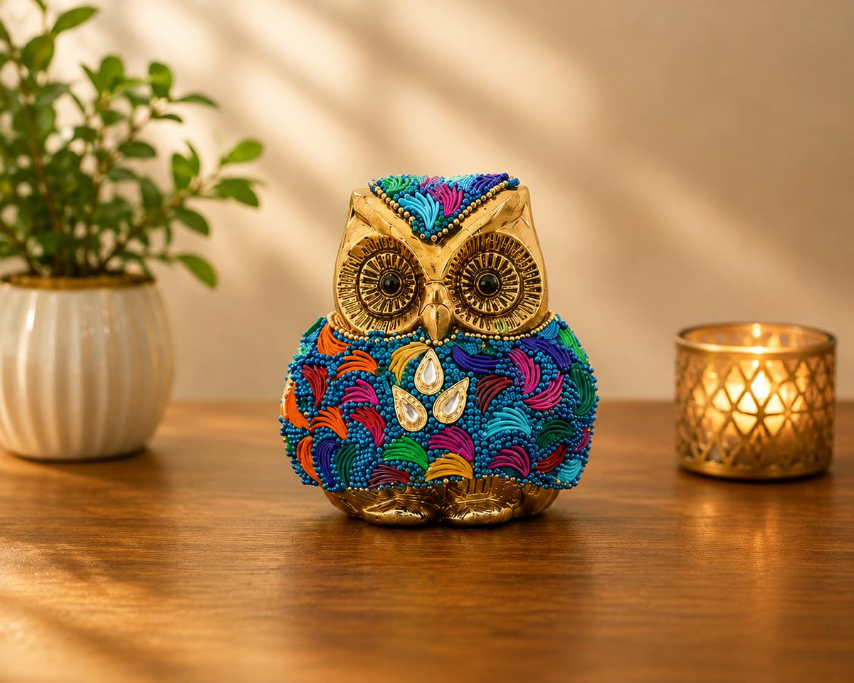 KridayKraft Metal Owl Showpiece, 10 cm Golden Aluminium Owl Statue with Stone Work, Decorative Paperweight for Home, Office Desk, Study Table & Gifting