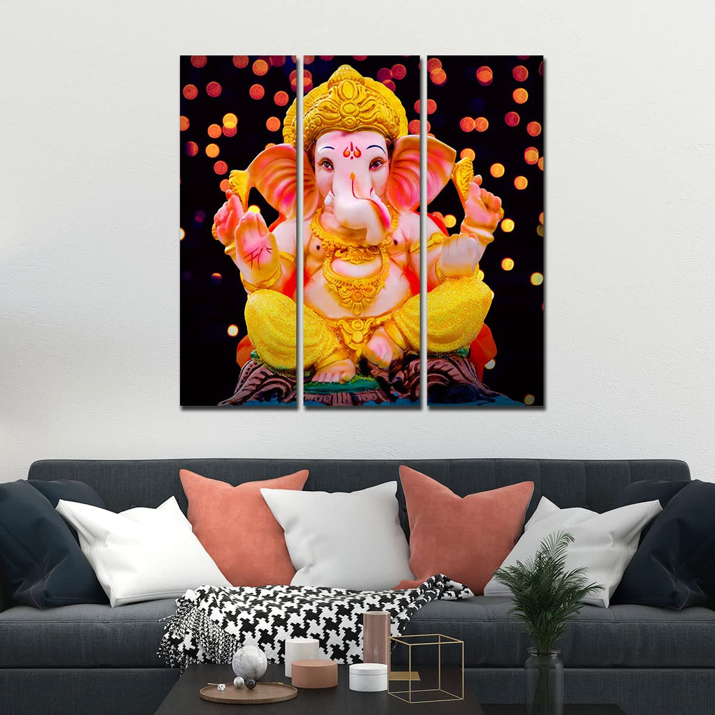 VIBECRAFTS 3 Pieces Ganesha Ji Canvas Wall Painting Fitted With Wooden Frame For Home | Office | Living Room | Gifts (PTVC3Pcs1_9569)