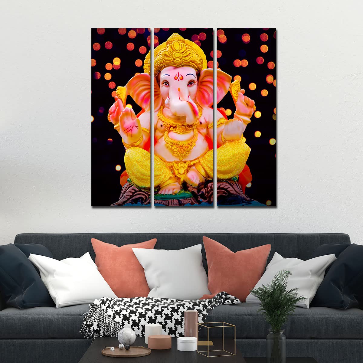VIBECRAFTS 3 Pieces Ganesha Ji Canvas Wall Painting Fitted With Wooden Frame For Home | Office | Living Room | Gifts (PTVC3Pcs1_9569)