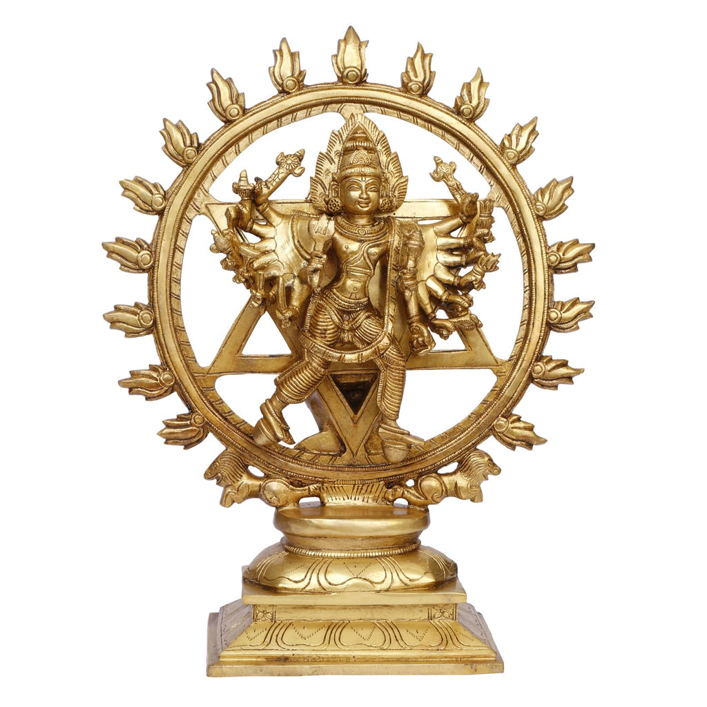 ARTVARKO Brass Sudarshan Lord Vishnu16 Arms Statue as Sudarshana and Narsimha Other Side Idol 13.5 Inches.