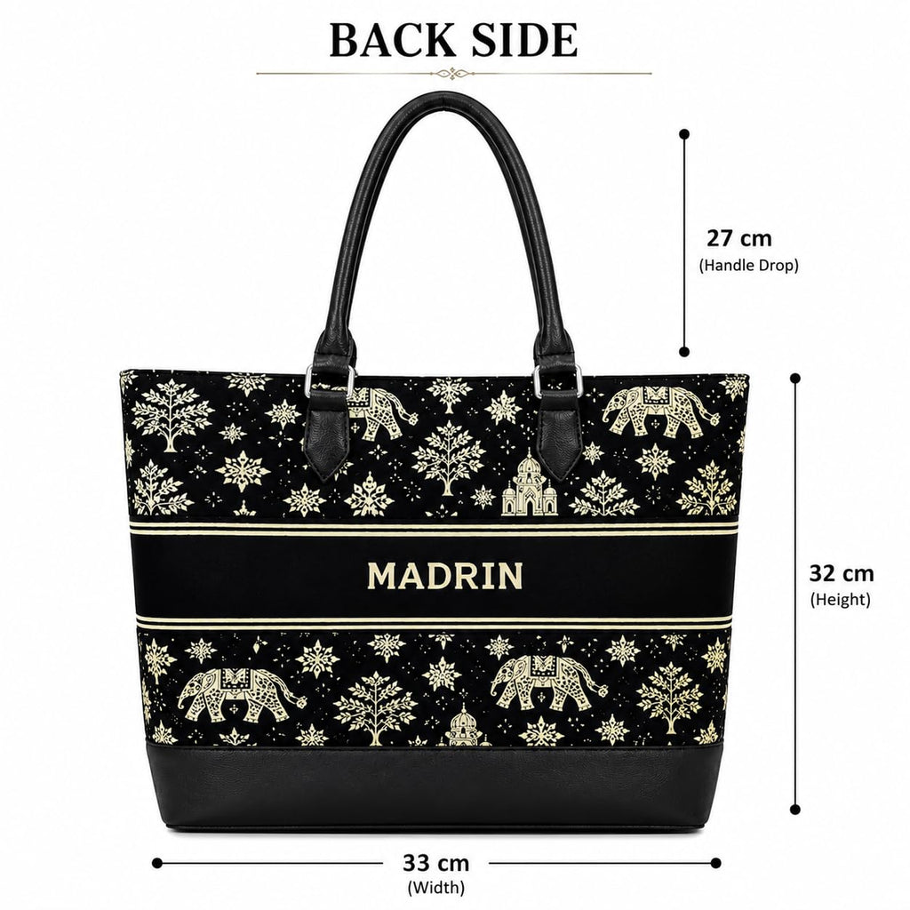 MADRIN Women’s Tote Bag for Office & Daily Use, Ethnic Printed Handbag with Premium Handles, Spacious Shoulder Bag for Women (1, Black)