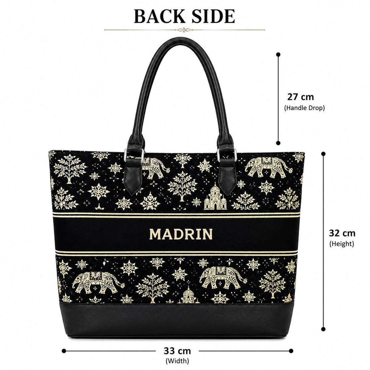 MADRIN Women’s Tote Bag for Office & Daily Use, Ethnic Printed Handbag with Premium Handles, Spacious Shoulder Bag for Women (1, Black)