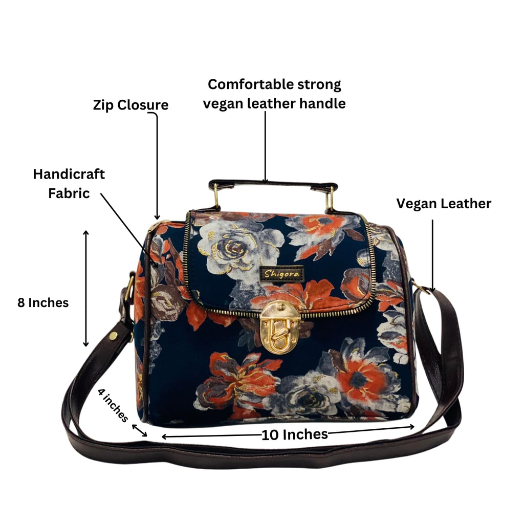 Shigora Women's Premium Cotton Printed Vegan Leather Satchel Bag For Women | Satchel Handbag for Work | Ladies purse | Medium Top Handle Handbag with Lock Closure (Navy Blue)