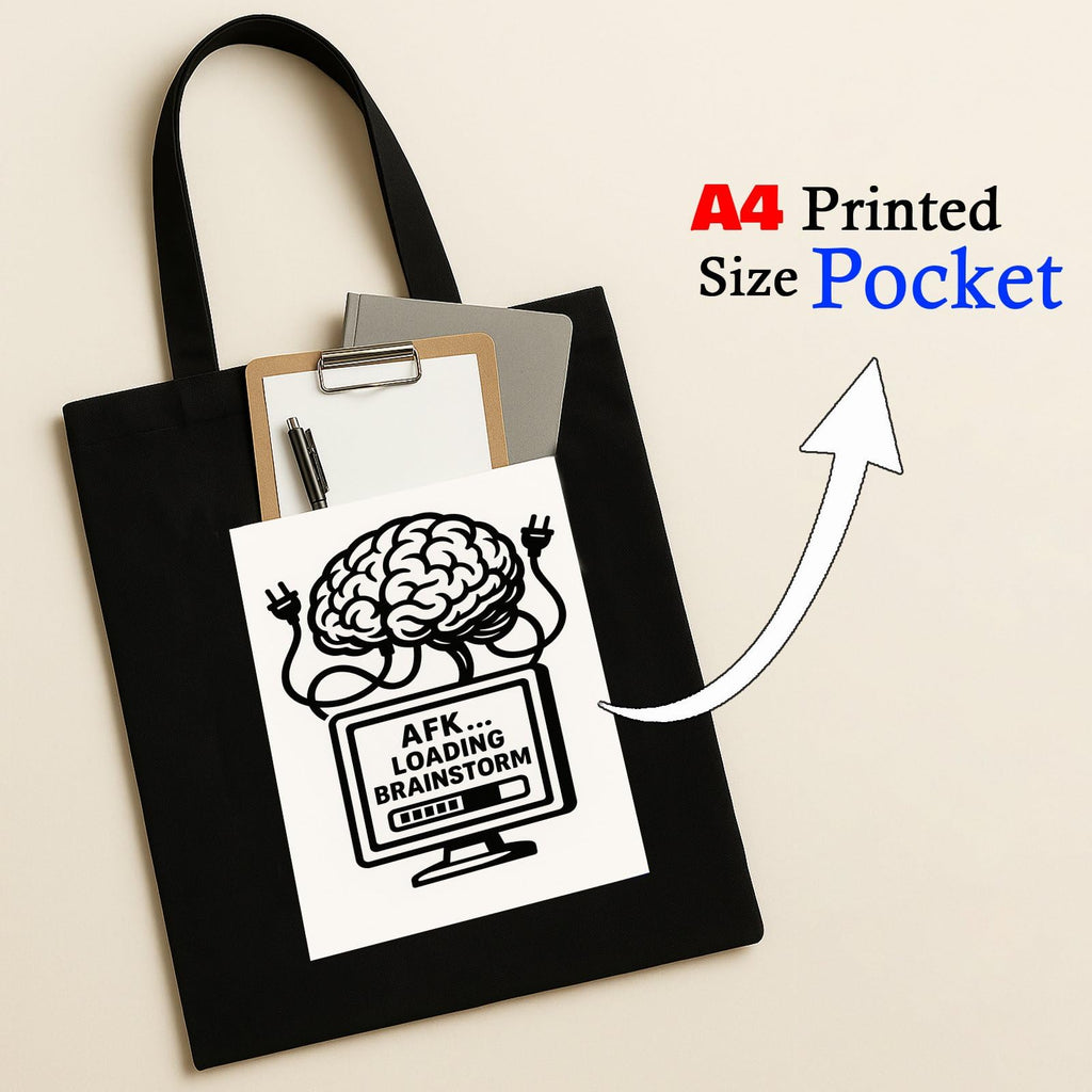 Kirmada Black Cotton Tote Bag | Brainstorm Mode AFK Loading Design | Minimal Tech Humor Tote for College, Work & Shopping | Zipper Closure | Reusable Eco Friendly Cotton Bag | Gift for Creatives