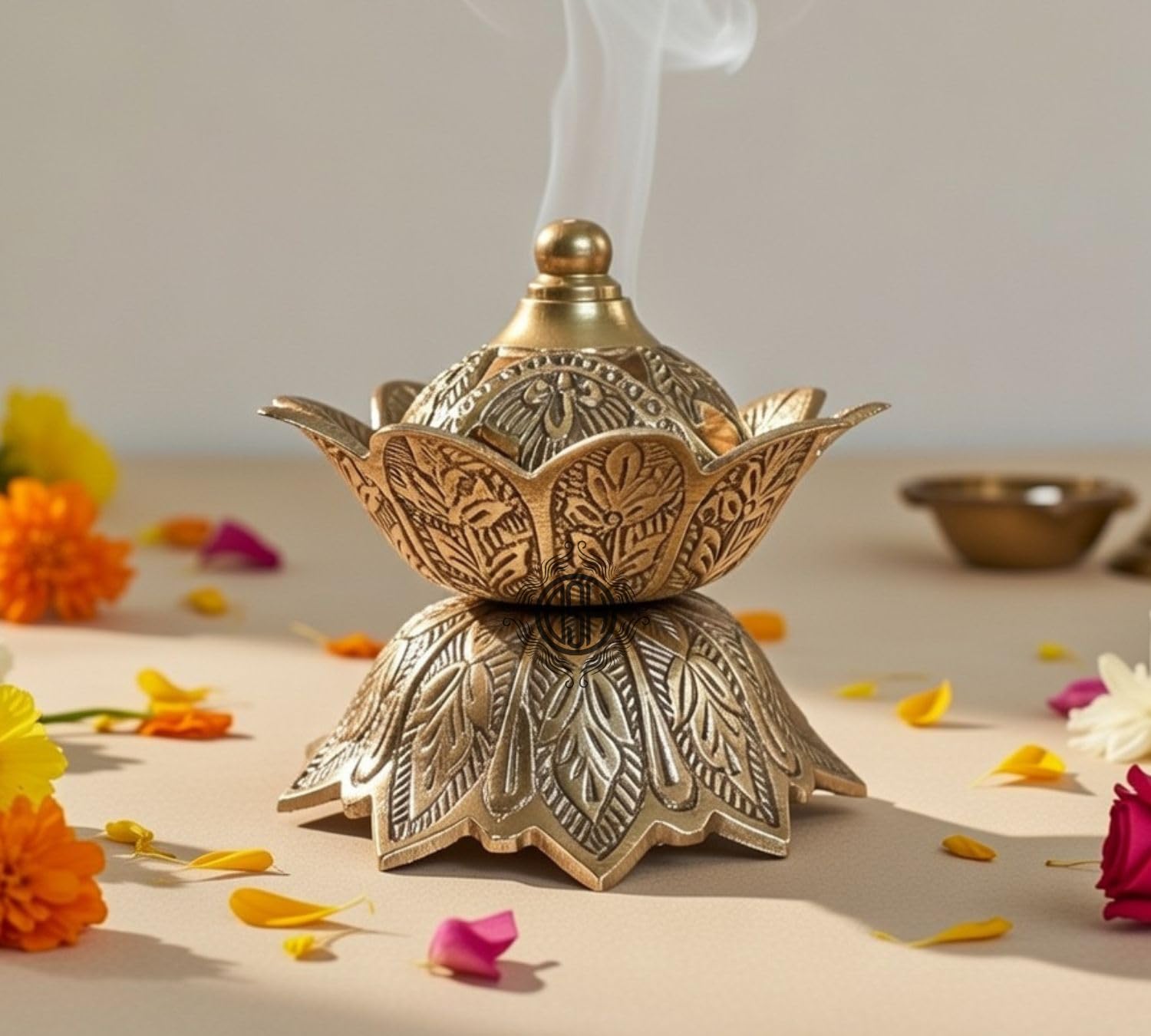 DSH Flower Design Dhoop Dani Brass Dhuna Loban Burner Round Dhooni Home Office Table-Top Incense Holder for Loban.