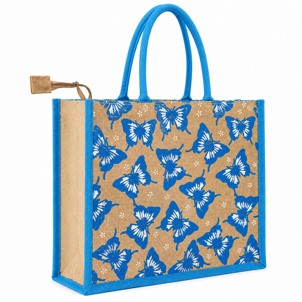 Blue Butterfly Print Jute Tote Bag for Women | jute hand bag | Reusable Shopping Bag with Zip Closure & Inner Pocket | Eco-Friendly Grocery, Office & Travel Handbag | 43 x 38 x 14 cm