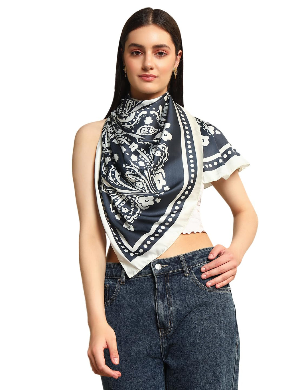 Ravaiyaa - Attitude is everything Women's Crepe Silk Digital Print Large Square Scarf Breathable Lightweight Neckerchief Printed Headscarf 40 x 40 Inch (White & Black Floral)