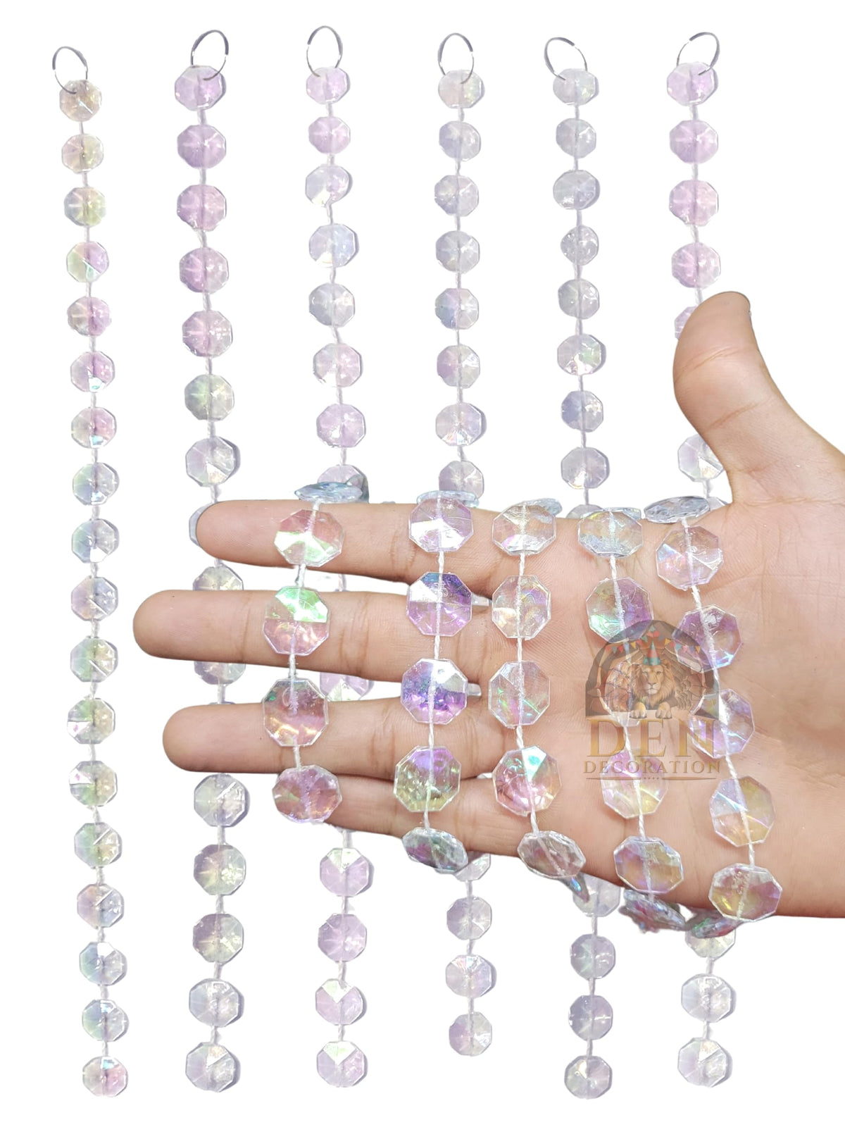 DEN DECORATION Premium Iridescent Crystal Acrylic Beads String Sequin Chain Garland (5 feet) (Dancing Octagons, Pack of 10 Lines)