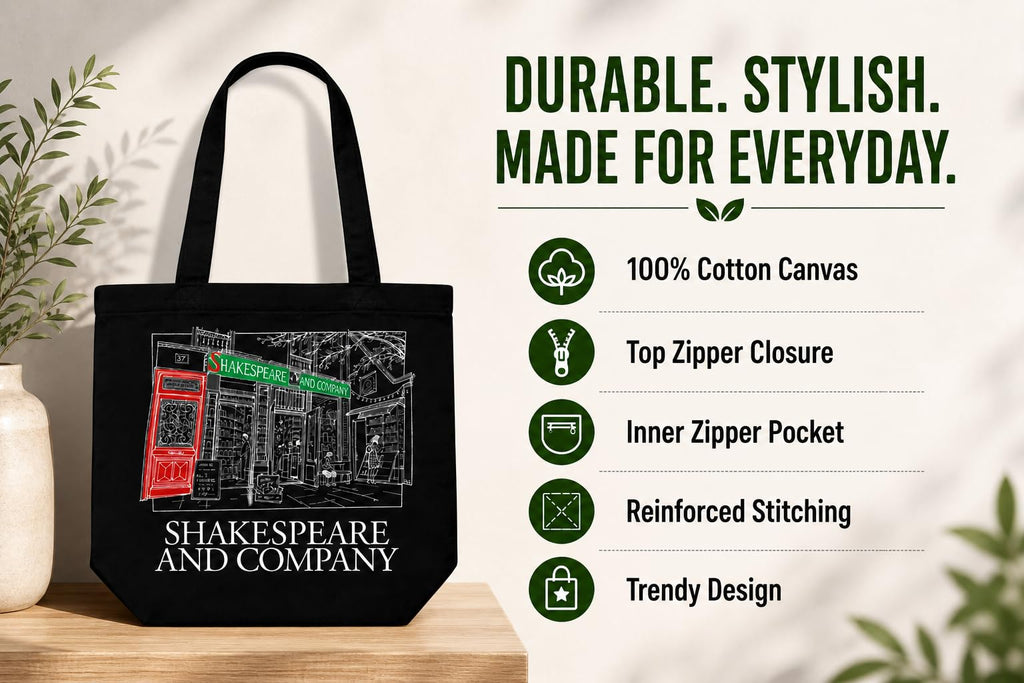 ECOEK Stylish Canvas Tote Bag for Women, Reusable Trendy Zipper Handbag with Pocket, Lightweight Aesthetic Cotton Tote for College, Office, Travel & Daily Use-Shakespeare Black