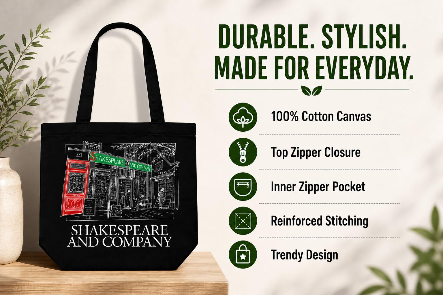 ECOEK Stylish Canvas Tote Bag for Women, Reusable Trendy Zipper Handbag with Pocket, Lightweight Aesthetic Cotton Tote for College, Office, Travel & Daily Use-Shakespeare Black