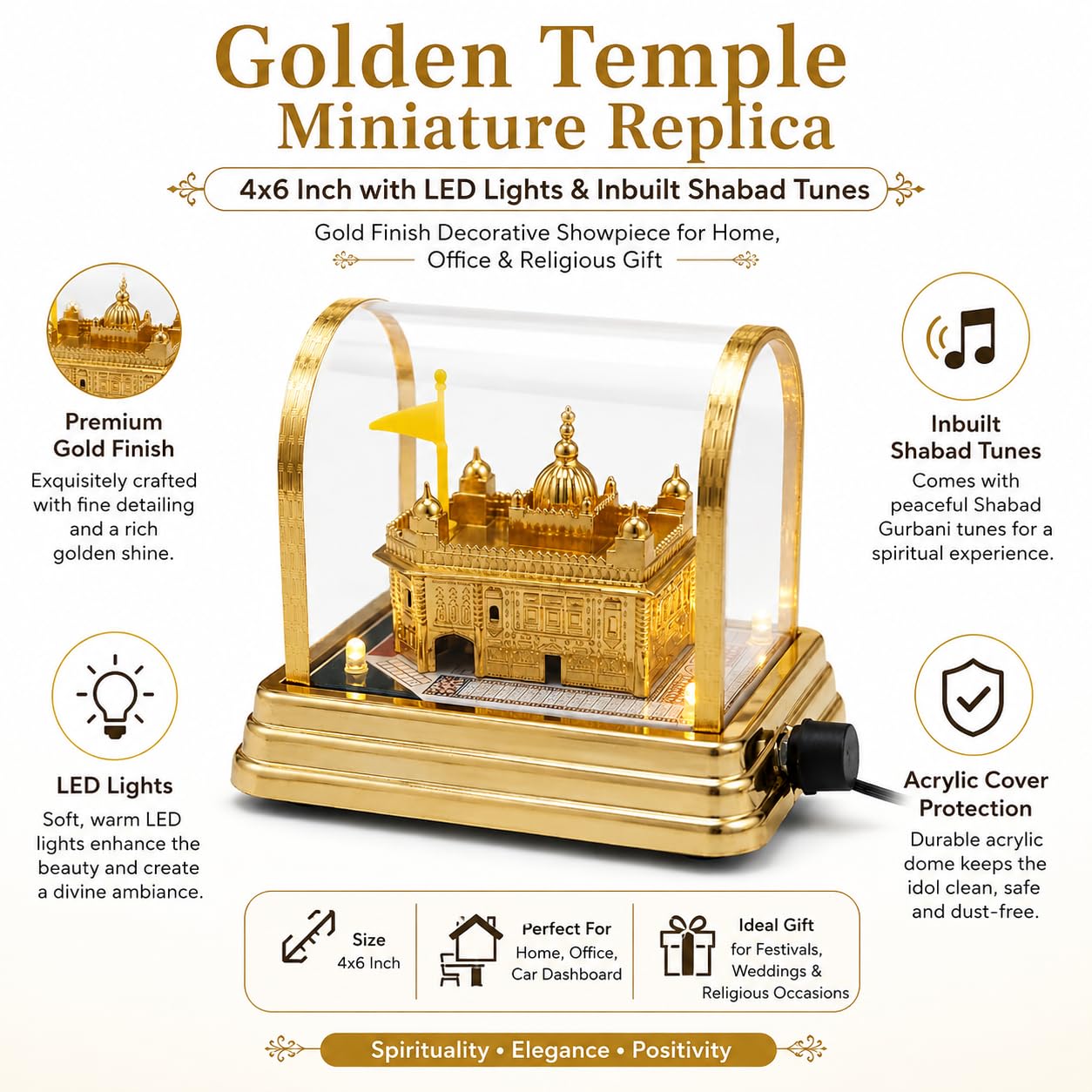 Golden Temple Miniature Replica 4x6 Inch with LED Lights & Inbuilt Shabad Tunes | Gold Finish Decorative Showpiece with Acrylic Cover for Home, Office & Religious Gift