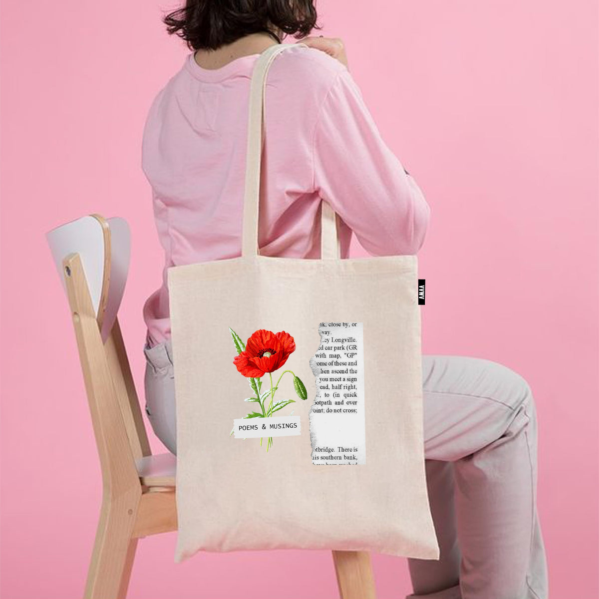 VVWV Vintage Red Flower and Poem Printed Eono Reusable Tote Bags | 100% Organic Cotton Shopping/Grocery Bag | Multi-Purpose Bag | Sturdy Canvas Bag with 15kgs Capacity (13 x 15.7 Inch)