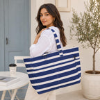 AQVA Striped Beach/Pool Cotton Western Tote Bag For Women With 4 Outer Pockets|Large Capacity|Stylish Multipurpose Handbag|Resuable Shoulder Bag For For Office, Travel, Beach & Work (Navy Blue)