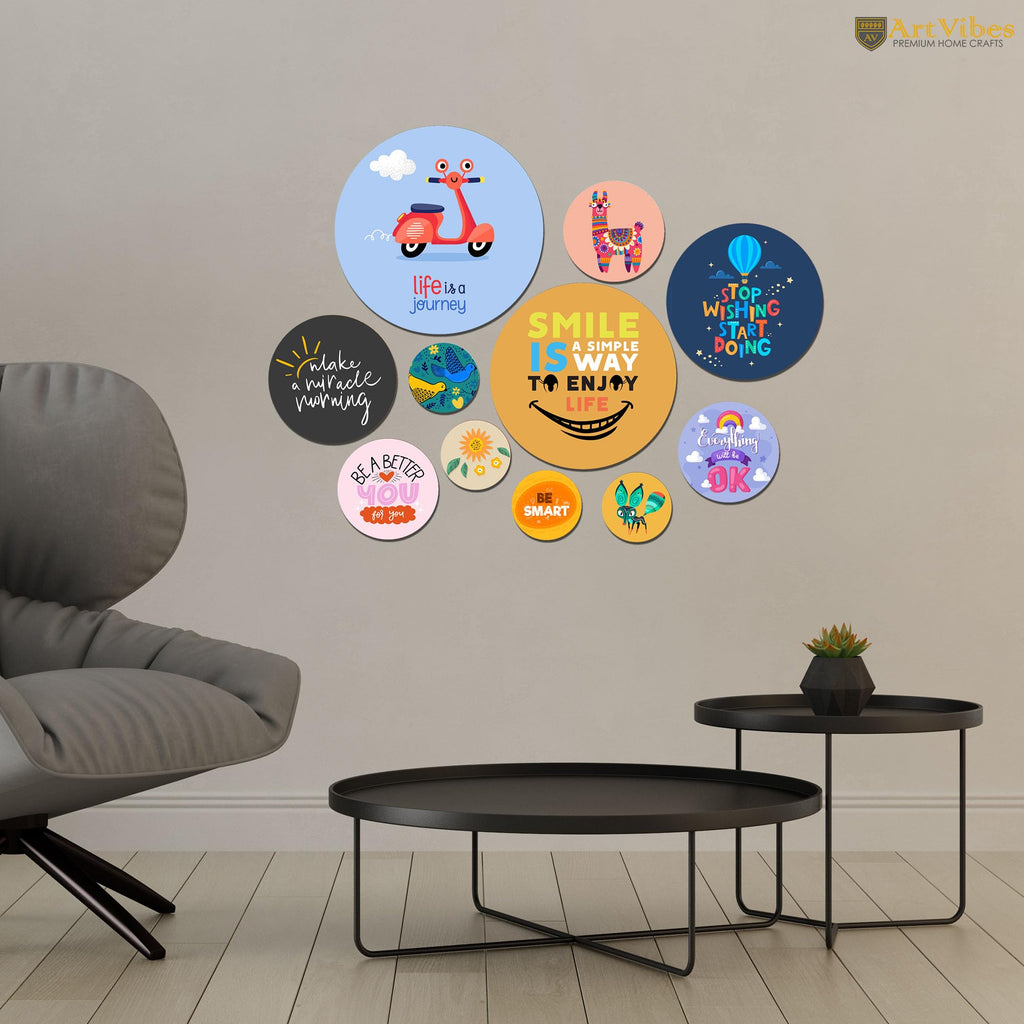Artvibes Smile Is A Simple Way To Enjoy Life Round Shape MDF Wooden Wall Decor Items | Quotes Decor Item | Wall Illustrations | Office Decor | Wall Art Print | Gift Items (WPS_140N), Set of 11