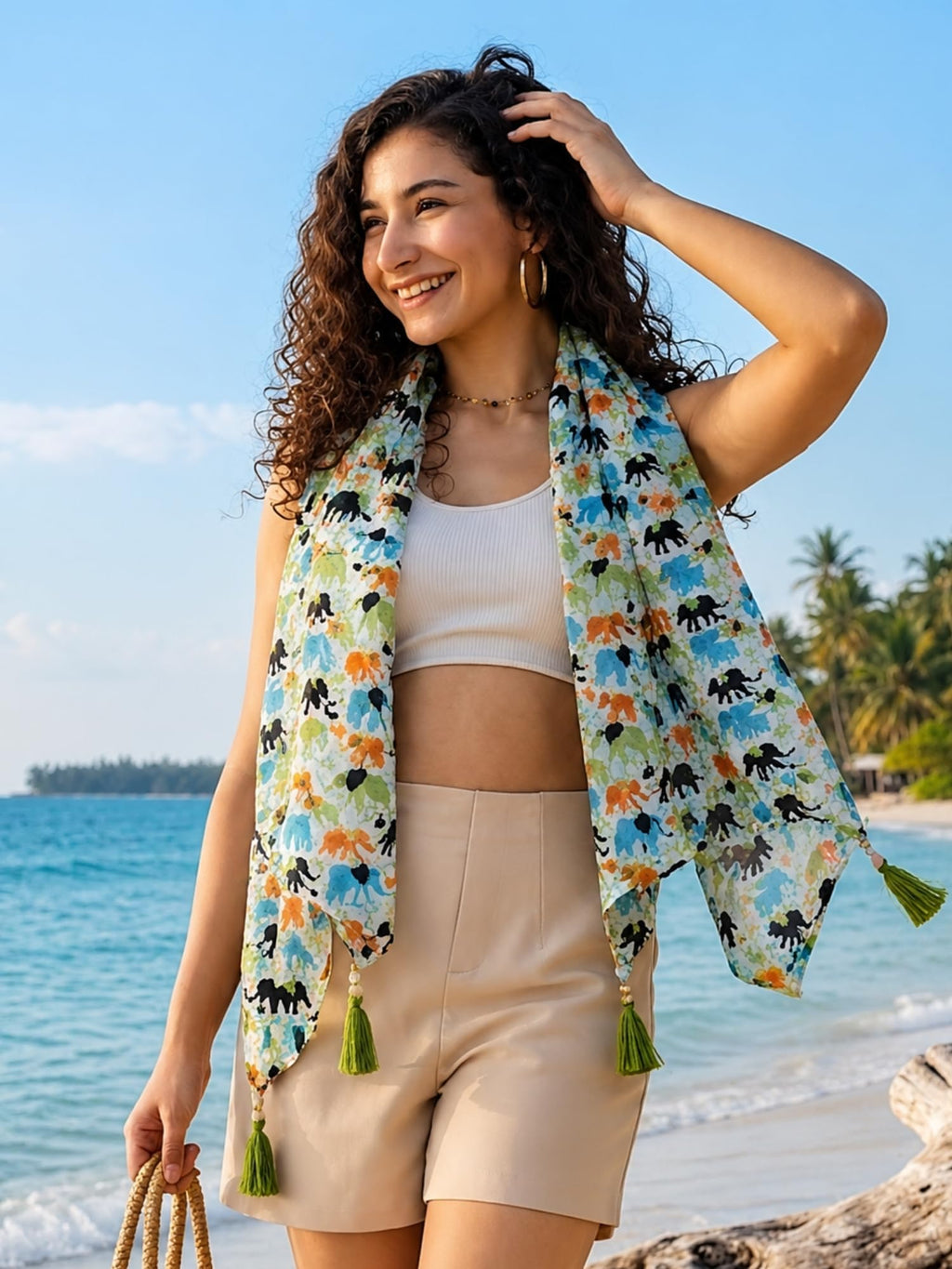 KE KANHA EXPORTS|Cotton Scarf For Women|Beach Printed Tassel Scarf|Multicolor|70x20 Inch