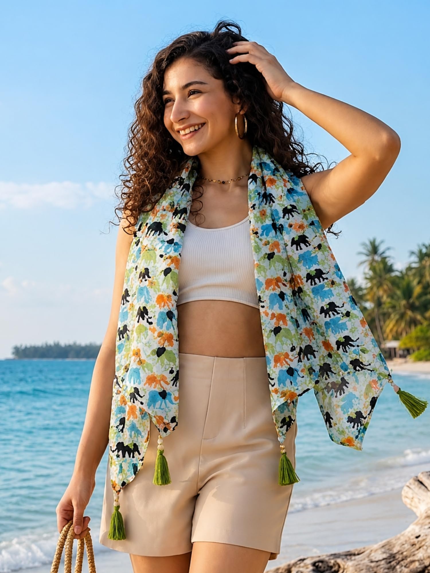 KE KANHA EXPORTS|Cotton Scarf For Women|Beach Printed Tassel Scarf|Multicolor|70x20 Inch