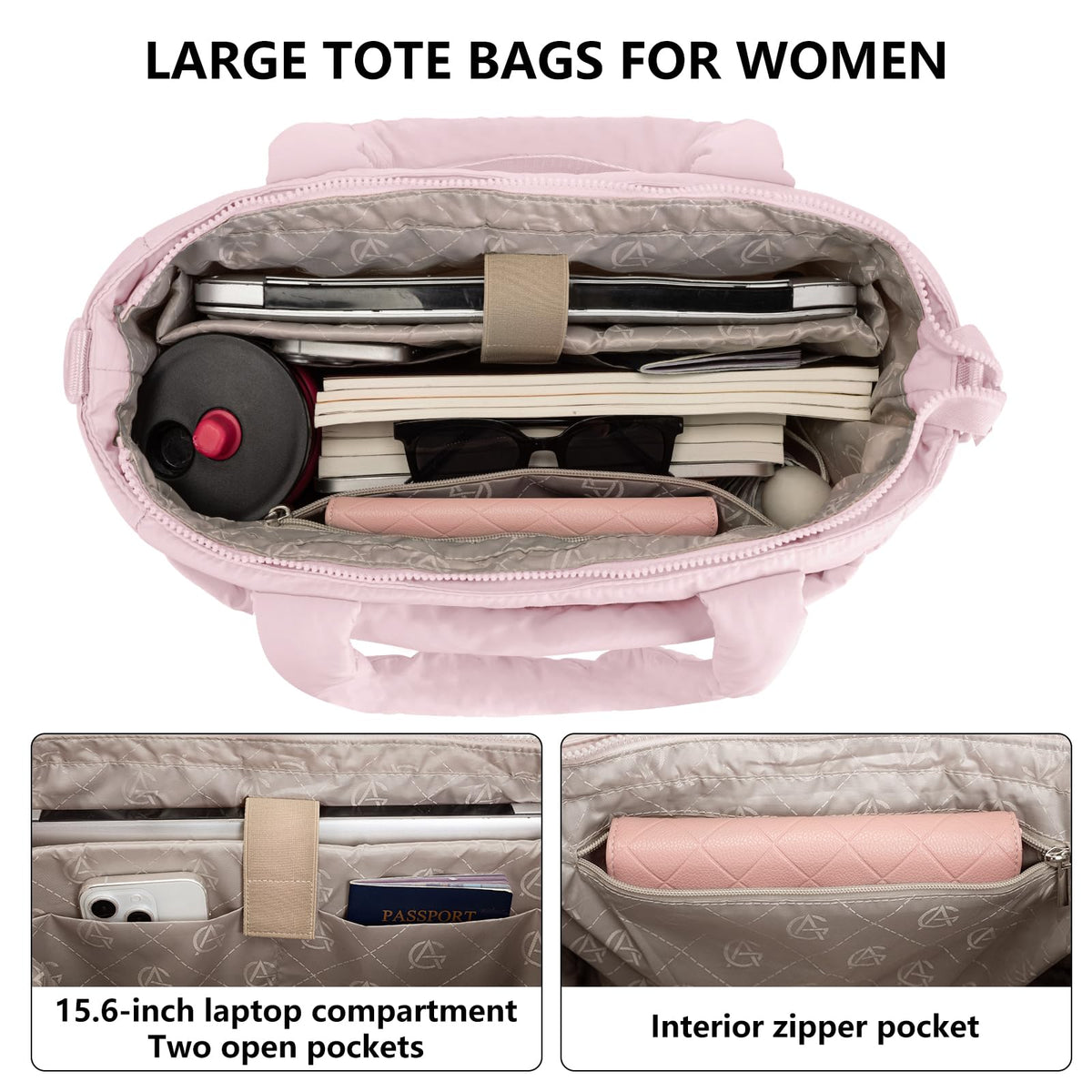 Puffer Tote Bag for Women Quilted Nurse Bag Lightweight Work Bag for Teacher Travel Handbag with Multiple Pockets, Light Pink, 16.3 x 6.3 x 12 inches