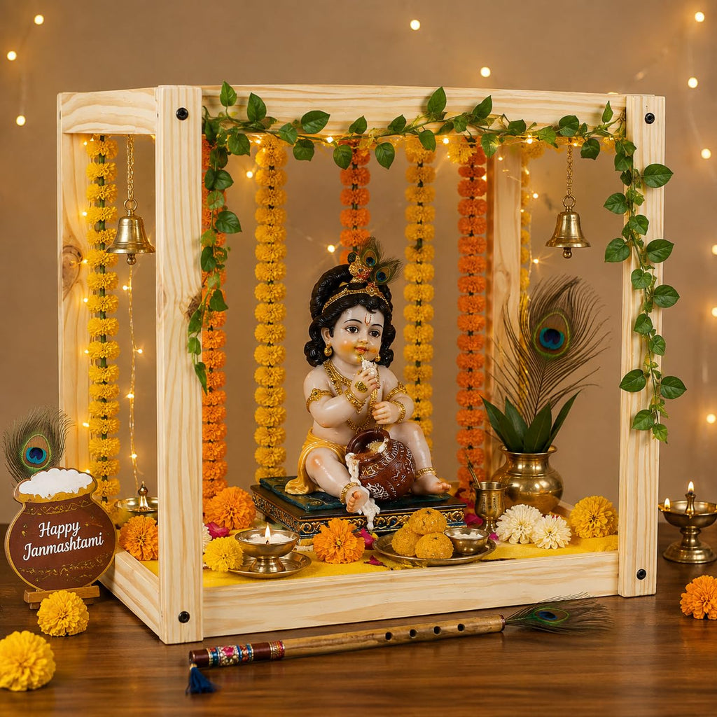 SATYAM KRAFT 1 Piece Square Foldable Folding Wooden Makhar Mandap for Ganpati Decoration Setup for Home DIY Pandal Pooja Decoration Backdrop Stand for Janmashtami, Pooja, Festival Decor