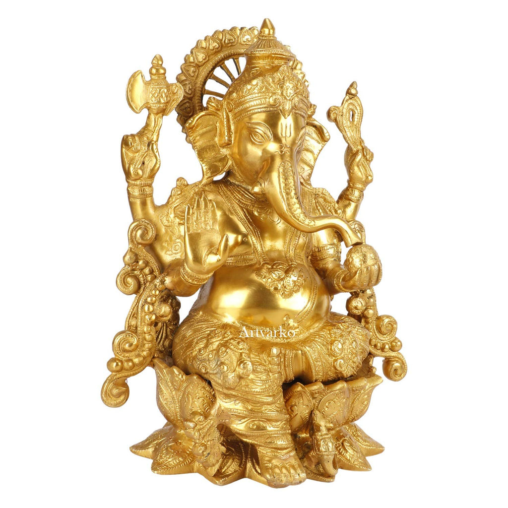 ARTVARKO Brass Ganesha Idol Sitting On Lotus Bhagwan Mangalkari Ganesh Statue Ganpati Murti for Home Entrance Decor Diwali Gift Height 12 Inches
