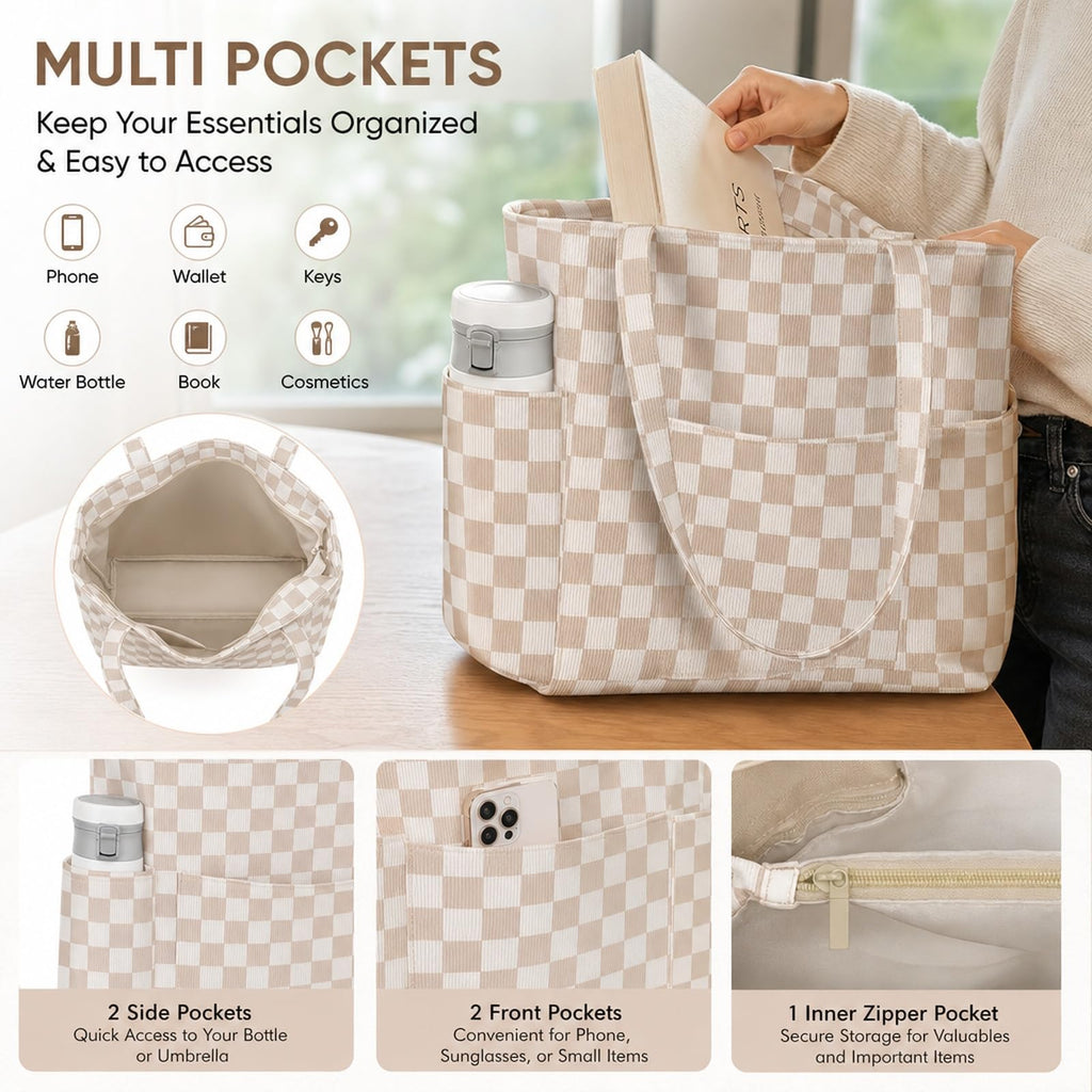 ZippyLiva Corduroy Tote Bag for College Girls, Light Khaki Checkerboard