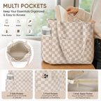 ZippyLiva Corduroy Tote Bag for College Girls, Light Khaki Checkerboard