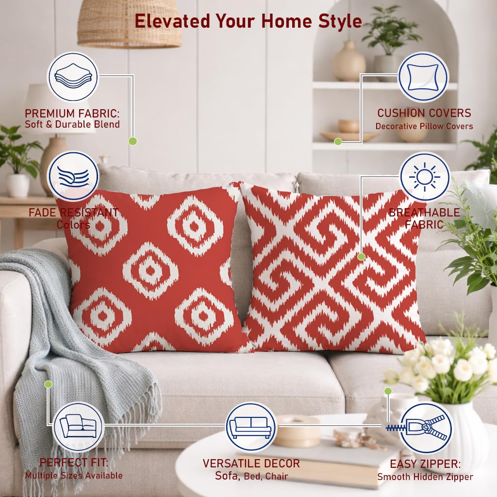 STITCHNEST Set of 2 Polycotton Cushion Covers – 24x24 Inches – Red & White Ikat Geometric Print – Elegant Cushion Covers for Sofa, Couch & Living Room | Perfect for Home Decor