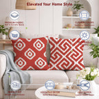STITCHNEST Set of 2 Polycotton Cushion Covers – 24x24 Inches – Red & White Ikat Geometric Print – Elegant Cushion Covers for Sofa, Couch & Living Room | Perfect for Home Decor