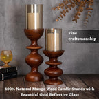 DREAMY WALLS Wooden Candle Stands For Home Decor With Glass (Set Of 2)- Mango Wood Candle Holder Stand,Dining Table Decor,Wavy Round Pillar Candle Holder,Decorative Candle Stands ,Light Brown