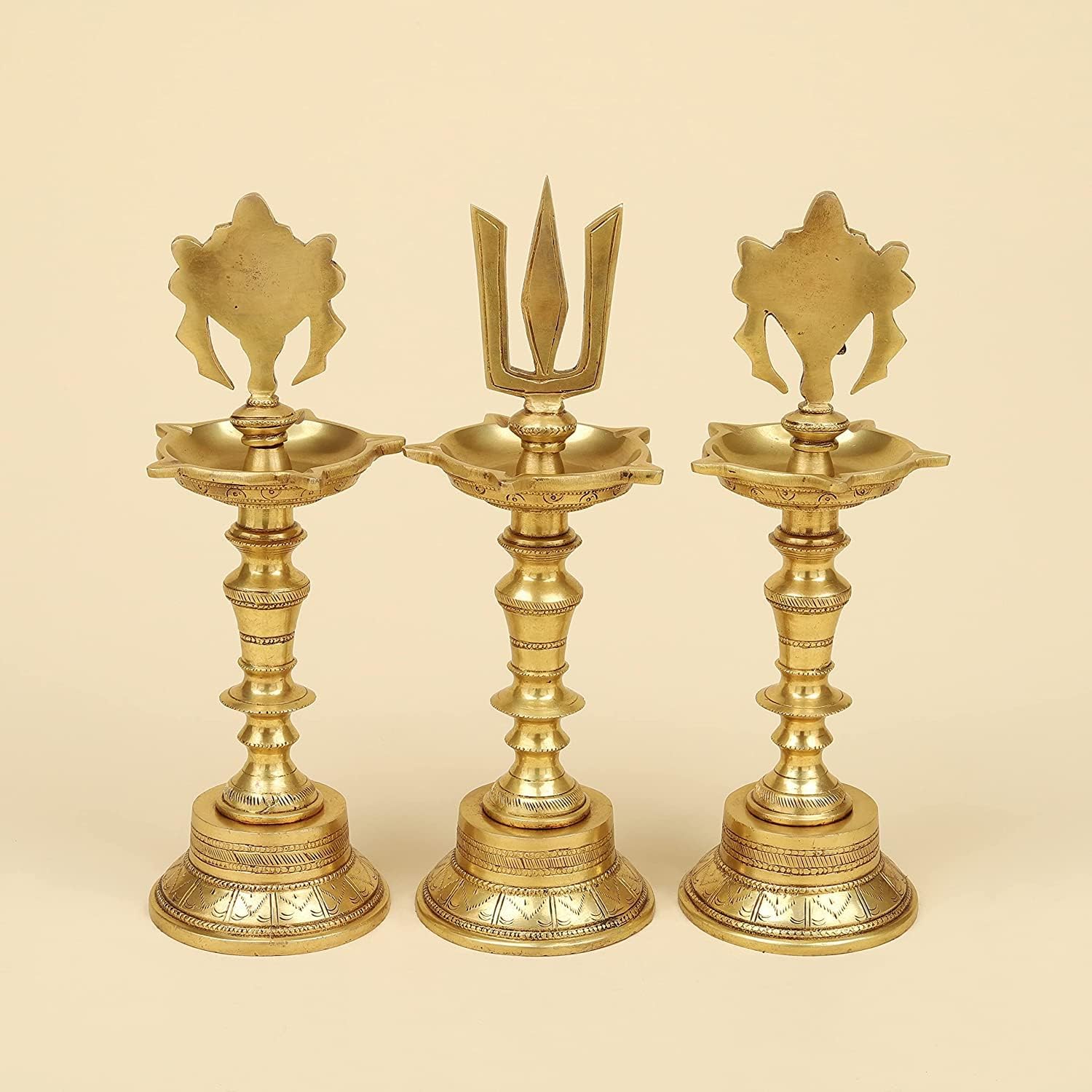 SVARUP 11 Inch Gold Color Brass Shankh Chakra Namah Diya Showpiece: Ideal for Home Decor, Featuring Shankha, Tilak, Padma, and Lord Vishnu Symbols