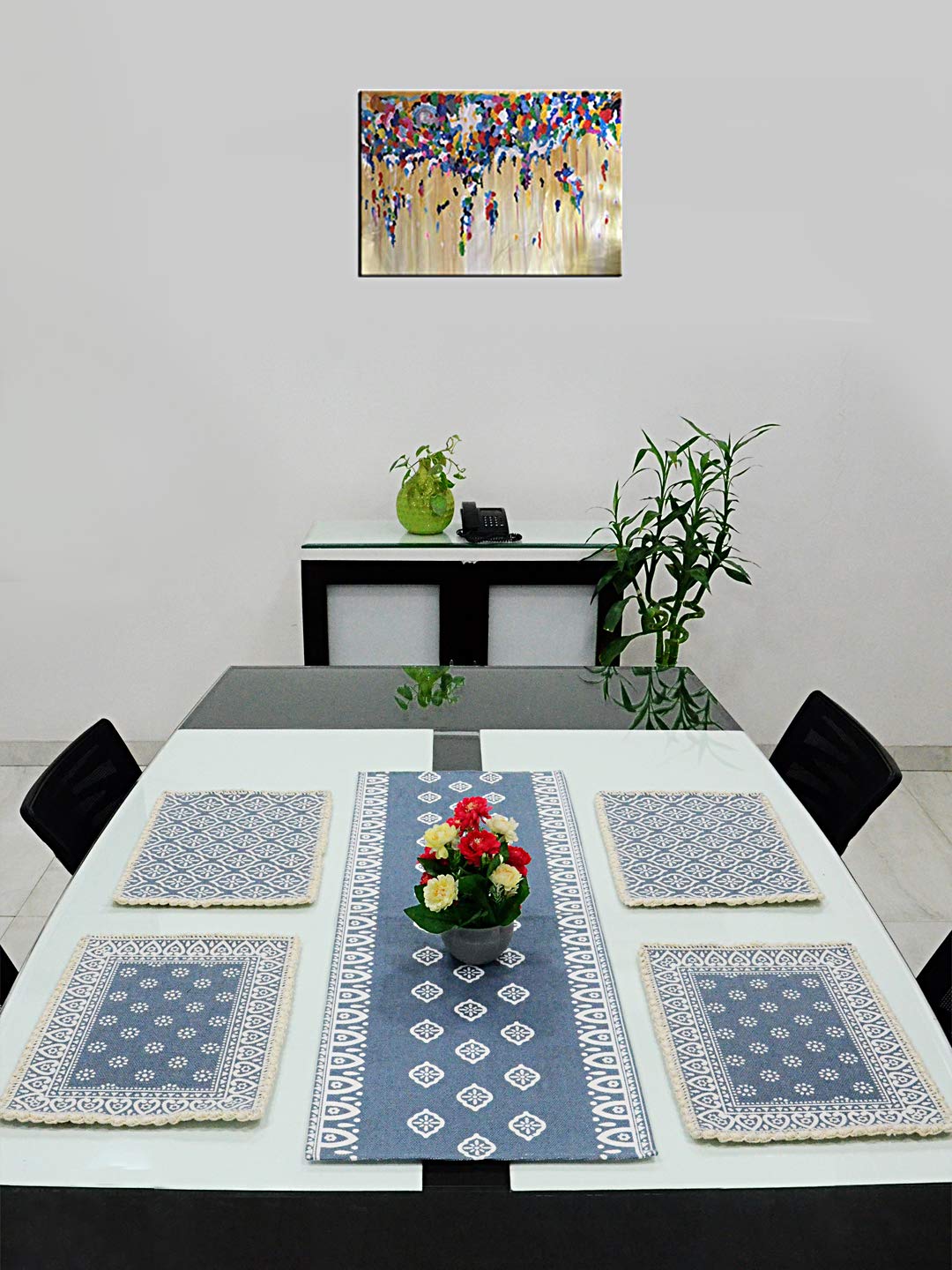 SARAL HOME EASY LIVING Cotton Dining Table Kitchen Placemats, 4 Mat -33X45Cm, 1 Runner 43X120 Cm (Set of 5), Grey, Kafalo