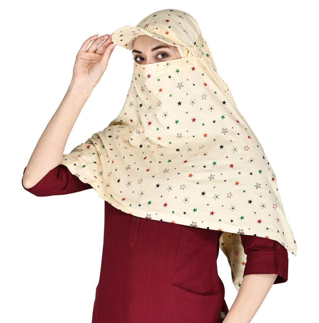 TESY QWEN Women's Scarf Cum Mask with Cap, Rayon Multi-Functional Neck Gaiter with UV Protection for Biking, Hiking and Travel (yellow_star)
