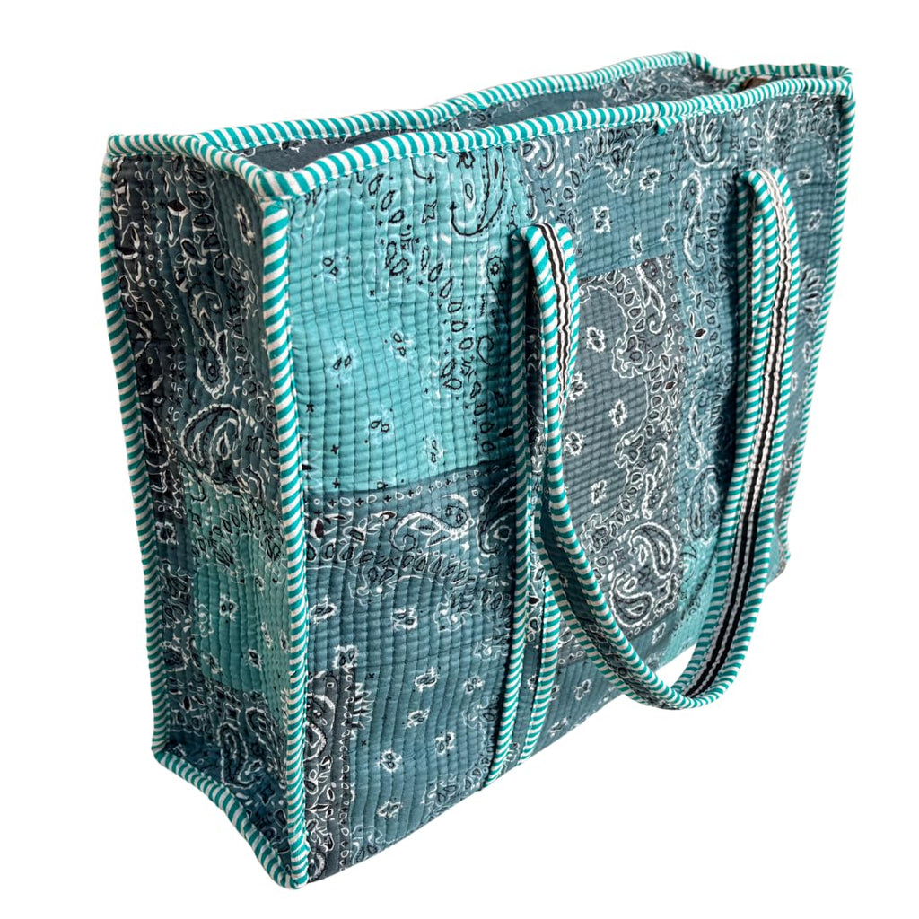 Bazaar Bhoot Edition Premium Cotton Quilted Shopping Tote Bag - Multipurpose Long Lasting Foldable Reusable Bag with zipper for Shopping, Travel & Daily Use - Made in India (Shaded Teal Blue)